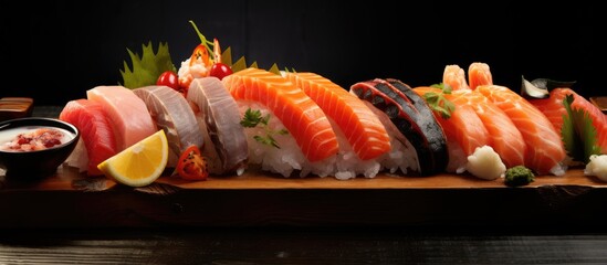 Aufkleber - Tuna fish salmon fish raw fish yummy sushi japanese food and crab Beautiful delicious food in market Fresh seafood and fish in Asia. Creative Banner. Copyspace image