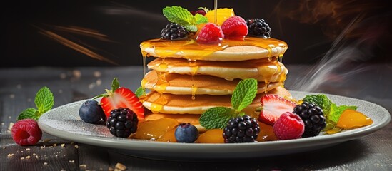 Poster - Sweet homemade pancakes with fruits on white plate. Creative Banner. Copyspace image