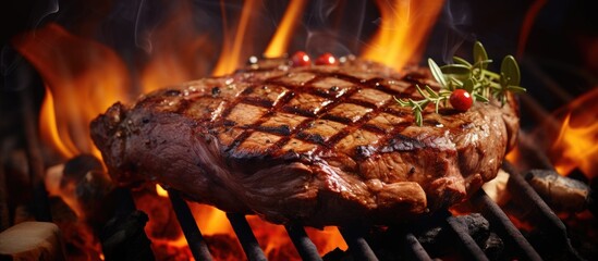 Poster - The smokey taste of summer Closeup of a tasty steak cooking on a fire. Creative Banner. Copyspace image