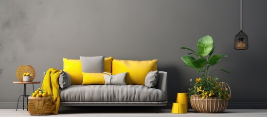 Poster - Stylish and design home interior of living room with gray sofa wooden cube pillow macrame yellow pouf rattan lamp basket plants and elegant accessories Stylish home decor Template. Creative Banner