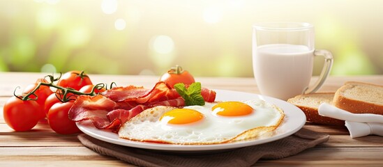 Aufkleber - scrambled eggs with bacon and tomato breakfast on a white plate food on a sunny morning fried eggs close up. Creative Banner. Copyspace image