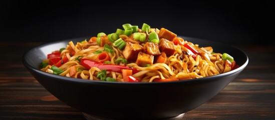 Poster - Schezwan or Szechwan hakka noodles with paneer or cottage cheese Served in a bowl selective focus. Creative Banner. Copyspace image