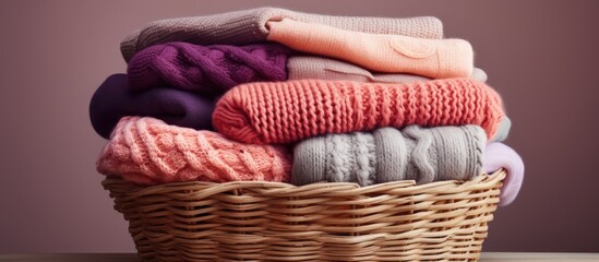 Poster - Stack of cozy knitted sweaters in wicker basket. Creative Banner. Copyspace image
