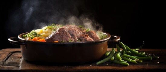 Poster - Pot roast in a cast iron dutch oven green beans and mushed potato. Creative Banner. Copyspace image