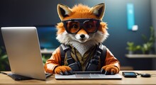 Funny fox mascot with googles working in front of digital device