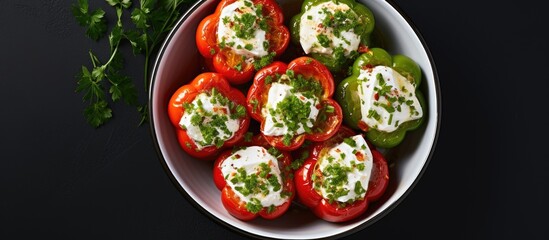 Poster - Peppers stuffed with cream cheese in the bowl Top view. Creative Banner. Copyspace image