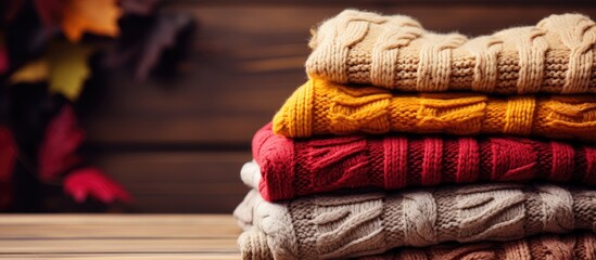 Poster - Pile of knitted woolen sweaters autumn colors on wooden table Clothes with different knitting patterns folded in stack Warm cozy winter fall knitwear concept Copy space. Creative Banner