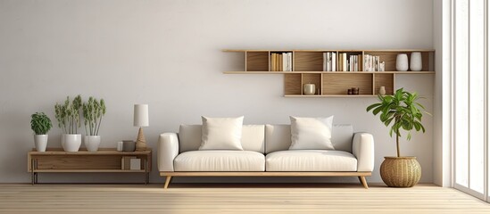 Poster - Narrow and stylish living room with furniture in scandinavian style. Creative Banner. Copyspace image