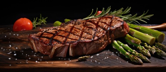 Wall Mural - Medium rare grilled Tomahawk beef steak with asparagus on board. Creative Banner. Copyspace image