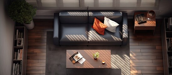 Aufkleber - Top view on small and modern living room with big window with black blinds cozy sofa coffee table and decorations. Creative Banner. Copyspace image