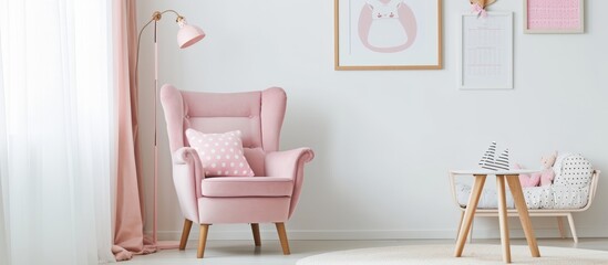 Wall Mural - Elegant pink chair in a bright white room with a soft pink wall and stylish pink chair as the centerpiece