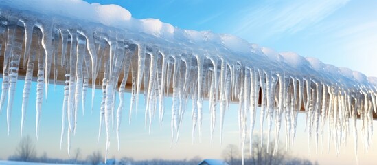 Wall Mural - Sharp icicles and melted snow hanging from eaves of roof Beautiful transparent icicles slowly gliding of a roof. Creative Banner. Copyspace image