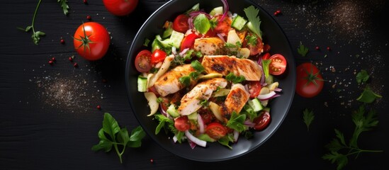 Aufkleber - Salad of chicken breast with zucchini and cherry tomatoes Top view. Creative Banner. Copyspace image