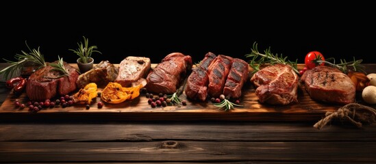 Poster - Wooden table served with various grilled meat vegetables and glass of beer Striploin steak ribeye steak and lamb ribs on wooden cutting boards. Creative Banner. Copyspace image