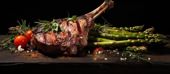 Poster - Medium rare grilled Tomahawk beef steak with asparagus on board. Creative Banner. Copyspace image