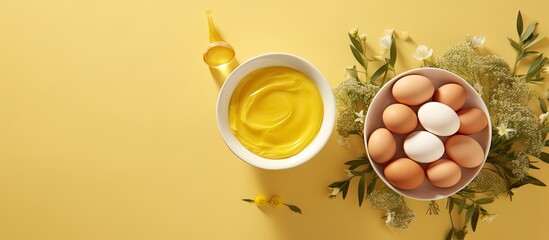 Poster - Small bowls with raw egg and olive oil Homemade hair or face mask natural beauty treatment and spa recipe Top view copy space. Creative Banner. Copyspace image
