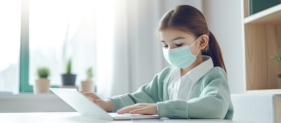Poster - Preteen schoolgirl doing her homework with digital tablet at home Child using gadgets to study Education and distance learning for kids Homeschooling during quarantine Stay at home entertainmen