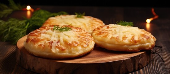 Poster - Rye dough pies with potato filling National Karelian food wicket close up on a wooden board Alternative flour baked goods without sugar and gluten authentic baked goods. Creative Banner