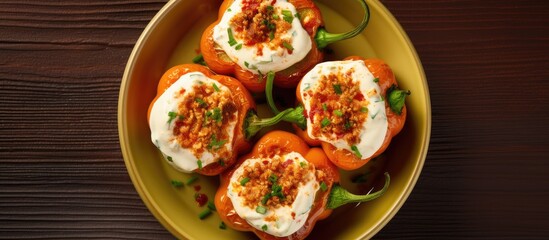 Poster - Peppers stuffed with cream cheese in the bowl Top view. Creative Banner. Copyspace image