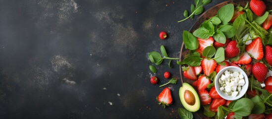 Poster - Strawberry spinach cucumber feta cheese salad Top view copy space flat lay. Creative Banner. Copyspace image