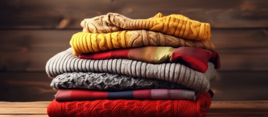 Poster - Pile of knitted woolen sweaters autumn colors on wooden table Clothes with different knitting patterns folded in stack Warm cozy winter fall knitwear concept Copy space. Creative Banner