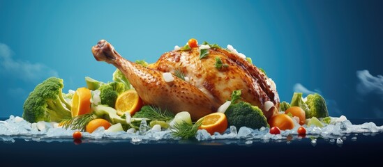 Wall Mural - Marinated and baked chicken leg with rice and cooked vegetables like beans corn carrot broccoli and cauliflower. Creative Banner. Copyspace image