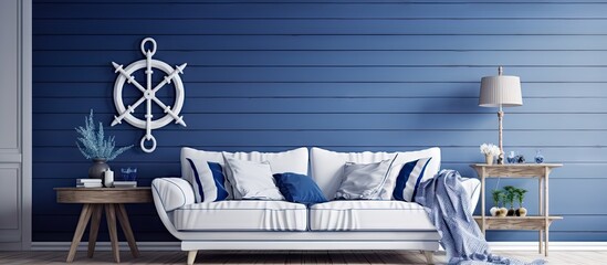 Wall Mural - Modern grey living room with nautical decorations and decorative wall finish. Creative Banner. Copyspace image