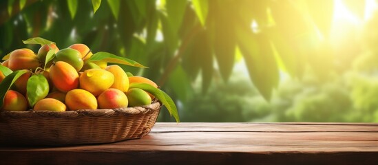 Poster - Mango in basket with leaves on wooden table and Mango tree farm with sunlight background. Creative Banner. Copyspace image