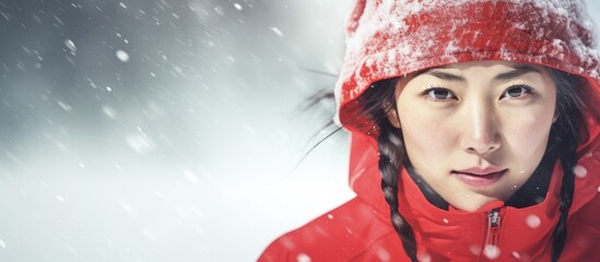 Canvas Print - Winter fitness athlete woman warming up stretching arms before her outdoor run running on snow trail Asian runner wearing cold weather gloves headband jacket. Creative Banner. Copyspace image