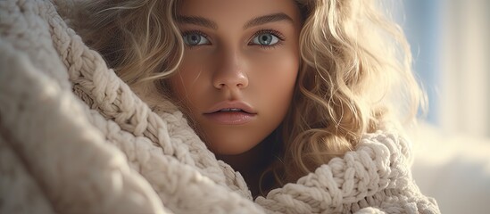 Poster - Young beautiful woman in warm chunky knitted blanket at home Model fashion shooting Autumn winter season Cozy winter style. Creative Banner. Copyspace image