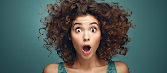 Poster - Woman surprise showing product Beautiful surprised wonder and shocked girl with curly hair Presenting your product Expressive facial expressions. Creative Banner. Copyspace image