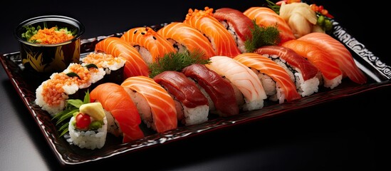 Poster - person offering and showing tray of sushi delivery fast food. Creative Banner. Copyspace image