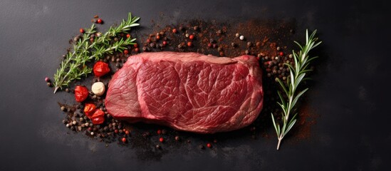 Poster - Steak Ribeye Black Angus medium rare beef with spice vertical image top view place for text. Creative Banner. Copyspace image