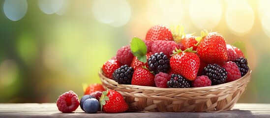 Poster - Wicker basket with different fresh ripe berries outdoors closeup. Creative Banner. Copyspace image