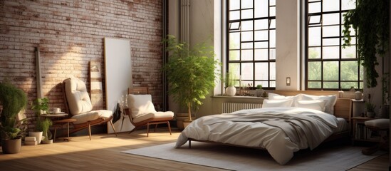 Poster - Stylish bright loft cozy living room with double bed armchair and teddy bear green plants curtains white brick walls and wooden floor Modern interior with green houseplants. Creative Banner