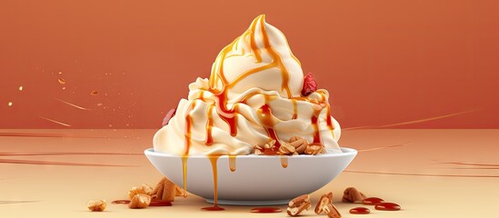 Poster - scoops of vanilla ice cream with pecans and caramel sauce. Creative Banner. Copyspace image