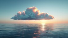 one large beautiful cloud over the ocean, sun behind it 