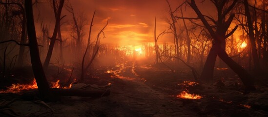 Poster - Red Sunset Through The Burnt Trees Of A Forest After A Fire. Creative Banner. Copyspace image