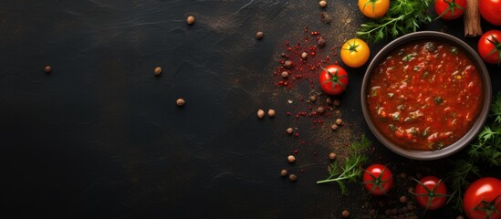 Poster - Tomato ketchup sauce in a bowl with spices herbs and cherry tomatoes View from above. Creative Banner. Copyspace image