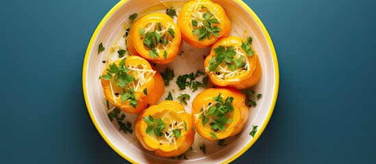 Wall Mural - Peppers stuffed with cream cheese in the bowl Top view. Creative Banner. Copyspace image