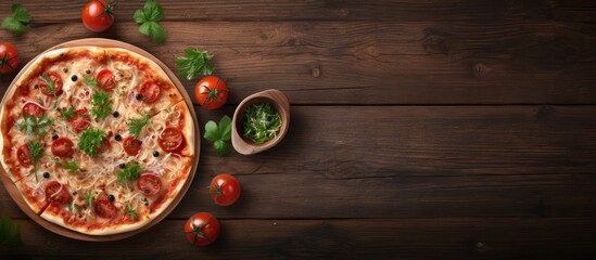 Poster - top view pizza pasta with tomato sauce and salad bowl on rustic table. Creative Banner. Copyspace image