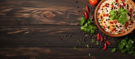 Poster - Rice with red beans and vegetables in a bowl on the table horizontal view from above. Creative Banner. Copyspace image