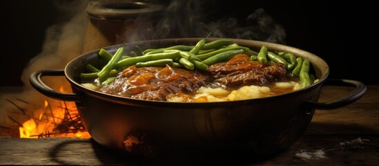 Poster - Pot roast in a cast iron dutch oven green beans and mushed potato. Creative Banner. Copyspace image