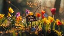 Hello Spring Illustration. Spring Flowers Are Blooming In Various Colors
