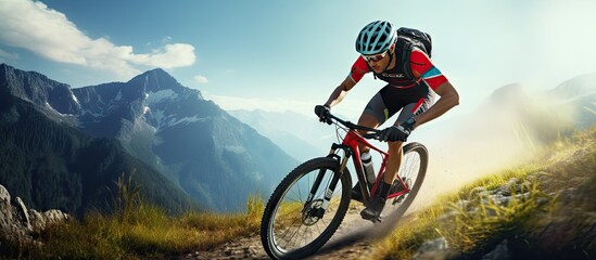 Poster - Motion blur fitness and cyclist on bike on road in mountain with helmet exercise adventure trail and speed Cycling race nature and man with bicycle for fast workout training motivation or energ