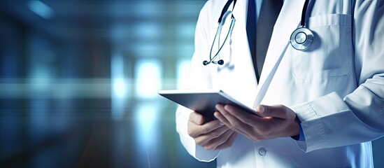 Poster - Medicine doctor using digital tablet with medical network connection electronic health record technology Global health care service medical hub telemedicine virtual hospital concept. Creative Banner