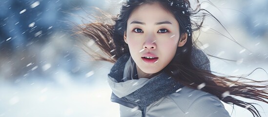 Poster - Winter sport fitness girl running in snow wearing wind jacket gloves headband and smartwatch Asian woman healthy and active lifestyle training outside during the cold weather winter season