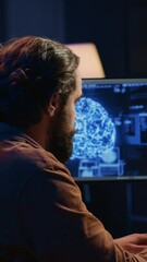 Poster - developer updating artificial intelligence neural networks, typing on computer keyboard in neon lit 