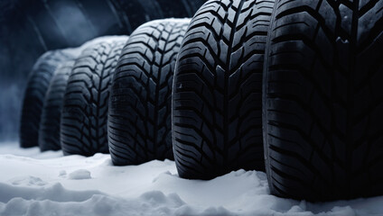  Group of black tires in snow landscape. Automotive safety and winter preparedness with new treaded wheels, ensuring reliable drive and road grip in icy conditions