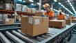 © Amonthep - Cardboard boxes on conveyor rollers ready to be shipped by courier for distribution.Packed courier on production line against cardboard boxes in warehouse.Worker in a warehouse in the logistics sector